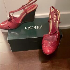 Lauren Ralph Lauren Red Leather Crocodile Wedge Wood Heels